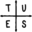 The image is a simple black-and-white illustration of a cross-shaped 2x2 grid with arrowheads on all four ends. Each quadrant is labeled with a letter in the following configuration: - Top-left quadrant: "T" - Top-right quadrant: "U" - Bottom-left quadrant: "E" - Bottom-right quadrant: "S" The illustration has a hand-drawn appearance, and the letters spell out "TUES" when read from top-left to bottom-right, resembling the first part of "Tuesday."